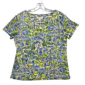 Coldwater Creek Top L Blue Green Watercolor Cityscape Print Mesh Resort Vacation